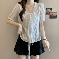 批发实拍~大码法式绑带短袖衬衫夏新款胖mm别致设计感显瘦遮肉上衣