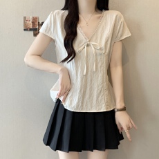 批发实拍~大码蕾丝花边V领短袖衬衫女夏法式微胖修身显瘦设计感上衣