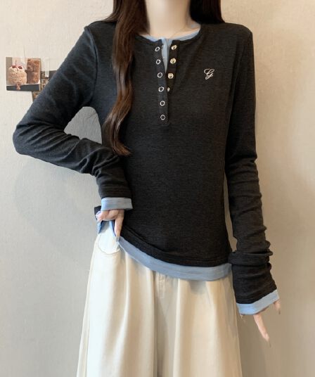 실사 빅 사이즈 헨리 칼라 긴팔 티셔츠 여성 가을 새로운 인사이드 가져 가라. 기본 셔츠 페이크 레이어드 슬림해 보이는 긍정적 인 어깨 의류