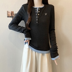 批发实拍~大码亨利领长袖T恤女秋新款内搭打底衫假两件<b class='q'>显瘦</b>正肩上衣