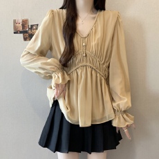 批发实拍~大码法式温柔V领收腰雪纺衬衫女早秋新款胖mm显瘦百搭上衣