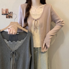 批发实拍~大码假两件设计感针织衫春季新款胖mm显瘦遮肉正肩上衣