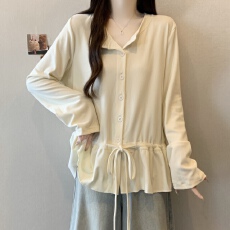 批发实拍~大码荷叶边下摆抽绳V领长袖针织衫女秋新款显瘦内搭打底上衣