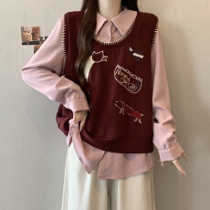 批发实拍 ~大码撞色翻领假两件绣花衬衫胖mm卡通图案减龄显瘦上衣