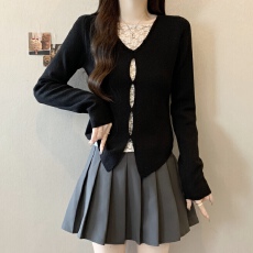 批发实拍~<b class='q'>大码</b>假两件黑色针织衫女秋新款内搭打底衫蕾丝拼接上衣