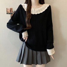 批发实拍~大码微胖黑色钩花钉珠圆领针织衫女秋冬新款显瘦毛衣上衣