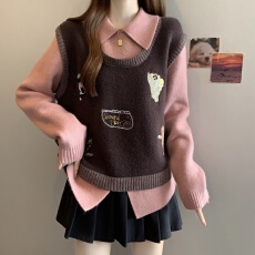 批发实拍~大码咖色翻领毛衣胖mm假两件针织衫女<b class='q'>秋</b>冬显瘦遮肉上衣