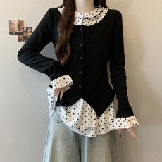 批发实拍~大码微胖mm韩系小香风女加绒设计感波点辣妹针织上衣假两件