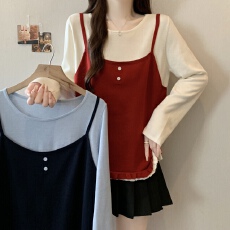 批发实拍~大码设计感撞色假两件上衣秋冬<b class='q'>胖</b><b class='q'>mm</b>宽松显瘦花边针织衫