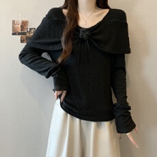 批发实拍~大码深灰色设计感花朵T恤长袖<b class='q'>胖</b><b class='q'>mm</b>秋季高级针织显瘦上衣