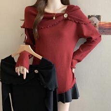 批发实拍~大码不规则一字肩针织衫秋冬新款显瘦遮肉针织打底长袖上衣