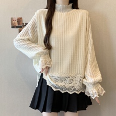 批发实拍~大码气质磨毛蕾丝衫女加绒半高领打底衫女秋<b class='q'>冬</b>内搭上衣
