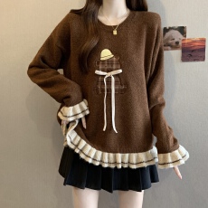 批发实拍~大码胖mm刺绣小熊图案毛衣棕色上衣<b class='q'>秋</b>冬新款显瘦遮肉针织衫