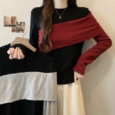 批发实拍~大码胖mm撞色内搭打底衫长袖T恤女秋冬显瘦时尚洋气上衣