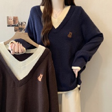 批发实拍~大码假两件V领针织内搭<b class='q'>秋</b>冬胖mm宽松慵懒风减龄显瘦休闲毛衣