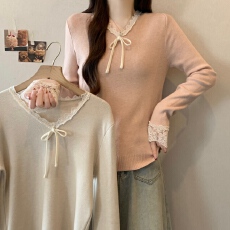 批发实拍~大码甜美蕾丝花边V领蝴蝶结针织上衣秋冬显瘦减龄<b class='q'>毛衣</b>打底衫