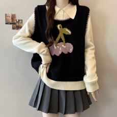 批发实拍~大码胖mm秋<b class='q'>冬</b>樱桃提花毛衣假两件针织衫新款显瘦减龄上衣