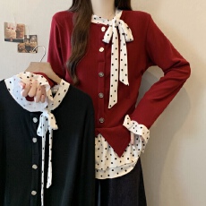 批发实拍~大码韩系千金小香风设计感波点辣妹针织显瘦磨毛加厚上衣