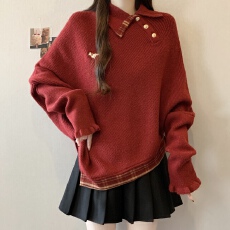 批发实拍~大码胖mm红色新年针织毛衣女秋<b class='q'>冬</b>新款不规则显瘦遮肉上衣