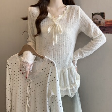 批发实拍~<b class='q'>大码</b>蝴蝶波点蕾丝内搭打底衫长袖T恤冬新款胖mm显瘦V领上衣