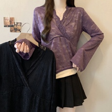 批发实拍~大码胖mm性感紫色V领蕾丝加绒打底衫修身内搭纯欲辣妹上衣