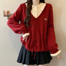 批发实拍~大码微胖mm假两件红色新年毛衣针织衫秋<b class='q'>冬</b>新款显瘦遮肉上衣