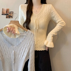 批发实拍~大码镂空肌理v领绑带荷叶袖纯欲风收腰显瘦毛衣针织上衣