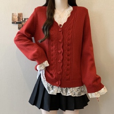 批发实拍~大码胖mm甜辣风爱心纽扣针织开衫秋冬新款氛围感红色毛衣