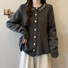 批发实拍~大码小香风灰色毛衣开衫女秋冬钉珠针织衫收腰显瘦上衣