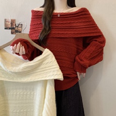 批发实拍~大码新年氛围感穿搭红色一字肩麻花毛衣<b class='q'>秋</b>冬露肩针织衫上衣