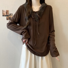 批发实拍~大码微胖mm纯欲毛毛系带T恤女秋<b class='q'>冬</b>修身显瘦打底衫设计感上衣