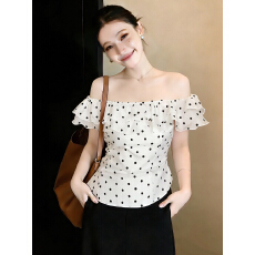 实拍~大码胖mm法式纯欲荷叶边一字肩雪纺衫女修身显瘦波点上衣