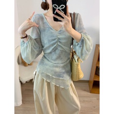 批发实拍~大码胖mm韩版设计感V领收腰长袖t恤新款气质显瘦减龄上衣