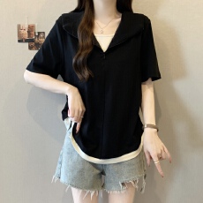 批发实拍~<b class='q'>大码</b>夏季新款胖mm假两件翻领T恤<b class='q'>运动</b>风显瘦遮肉上衣