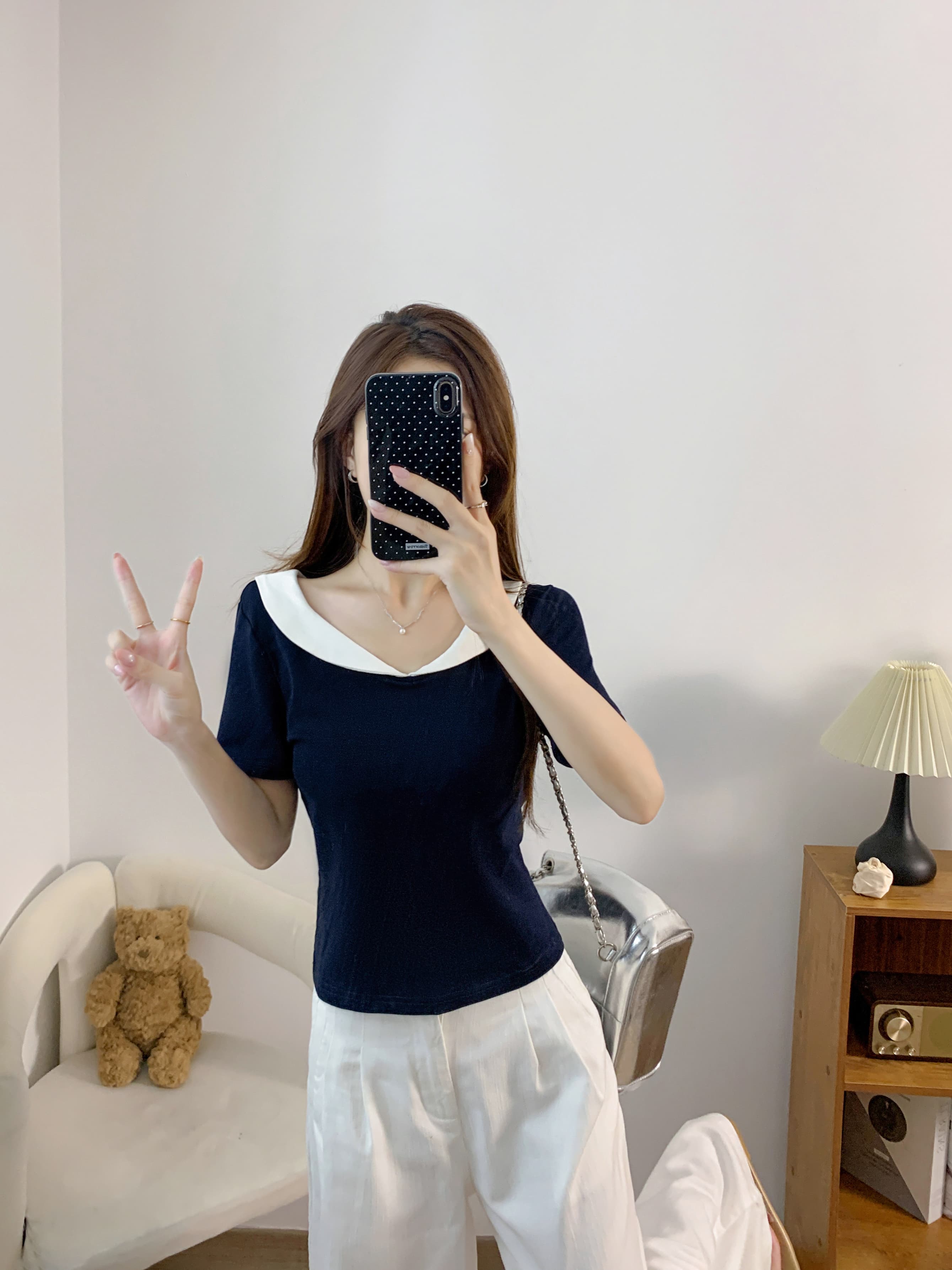 실사 빅 사이즈 한 부서 해군 베이비 칼라 긍정적 인 어깨 반팔 티셔츠 여성 여름 몸매 가꾸기 슬림해 보이는 맨위