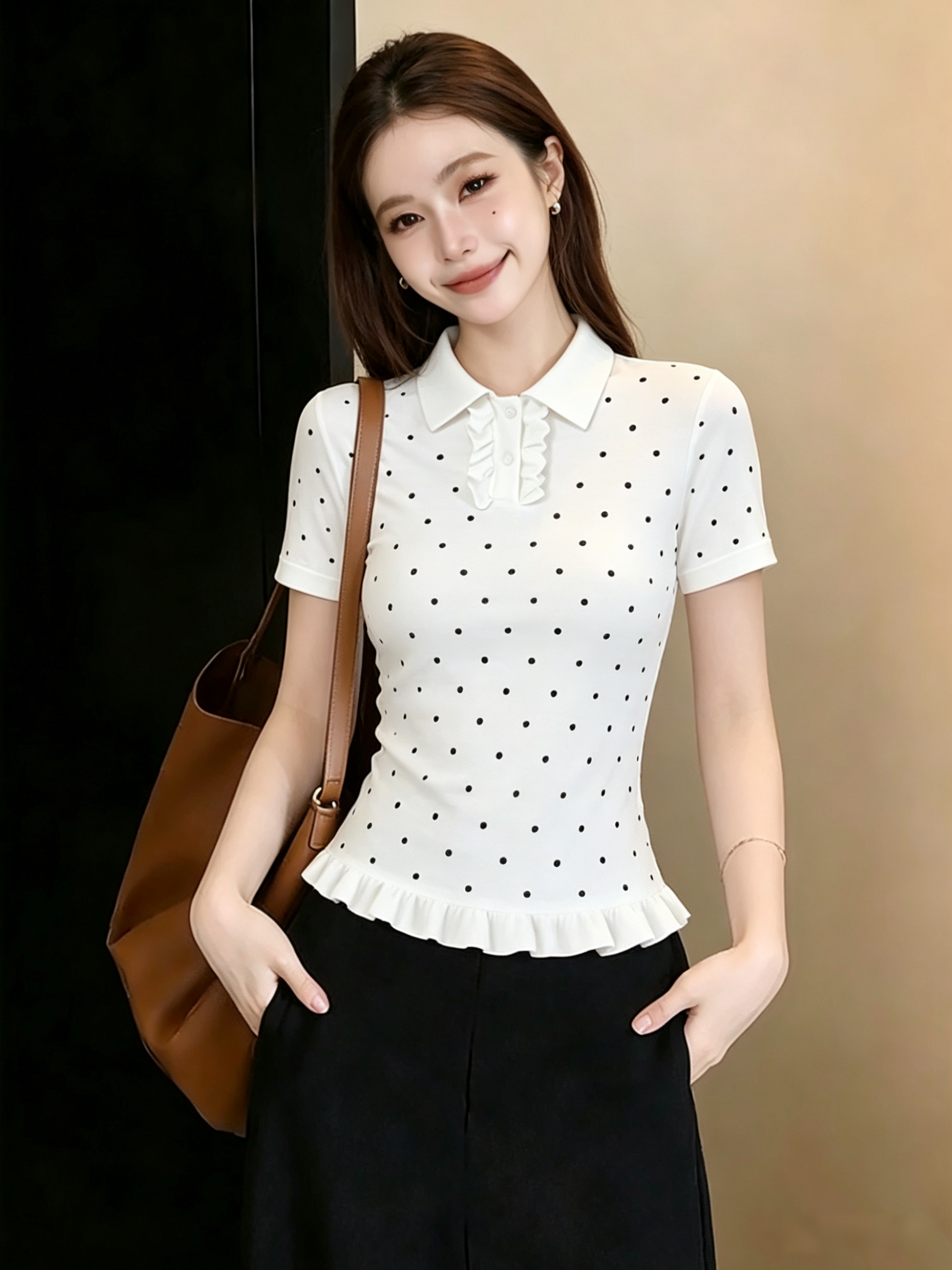 빅 사이즈 화이트 도트 무늬 POLO 칼라 반팔 티셔츠 여성 여름 지방 mm 표지 고기 슬림해 보이는 달콤함 몸매 가꾸기 쇼트 스타일 맨위