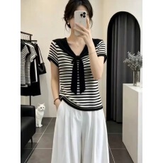 批发大码法式条纹V领披肩短袖T恤女夏胖mm修身显瘦超火减龄上衣