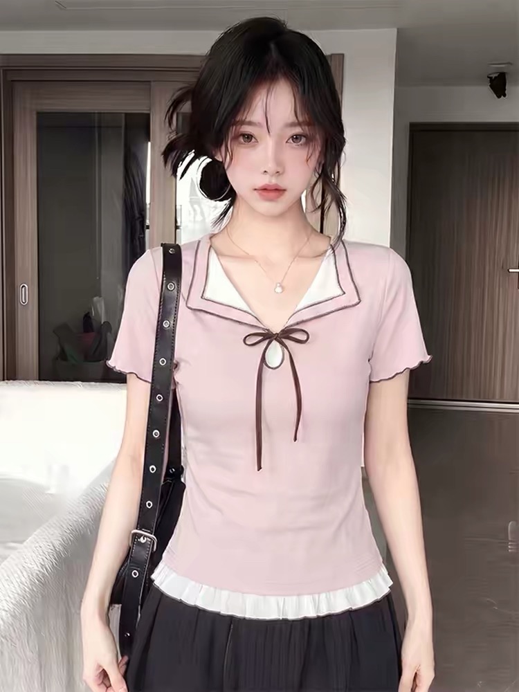 빅 사이즈 달콤한 스타일 핑크색 폴로 칼라 반팔 티셔츠 여성 여름 페이크 레이어드 배색 티셔츠 품격 슬림해 보이는 맨위