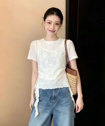 빅 사이즈 페이크 레이어드 긍정적 인 어깨 반팔 티셔츠 지방 mm 표지 고기 슬림해 보이는 한 부서 품격 아름다운 맨위