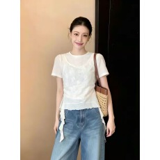 批发大码假两件正肩短袖T恤胖mm遮肉显瘦韩系气质漂亮上衣