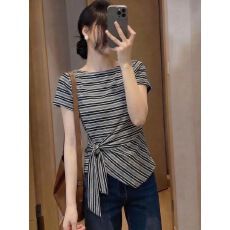 批发大码条纹不规则绑带正肩短袖T恤女夏胖mm显瘦遮肉圆领上衣