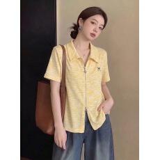 批发大码设计感黄色正肩短袖T恤夏季巨好看polo领双拉链开衫上衣