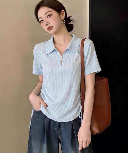 빅 사이즈 POLO 칼라 하프 지퍼 펌프 로프 긍정적 인 어깨 티셔츠 여성 여름 지방 mm 허리 수축 슬림해 보이는 반팔 맨위