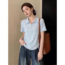 批发大码polo领半拉链抽绳正肩t恤女<b class='q'>夏</b>胖mm收腰显瘦短袖上衣