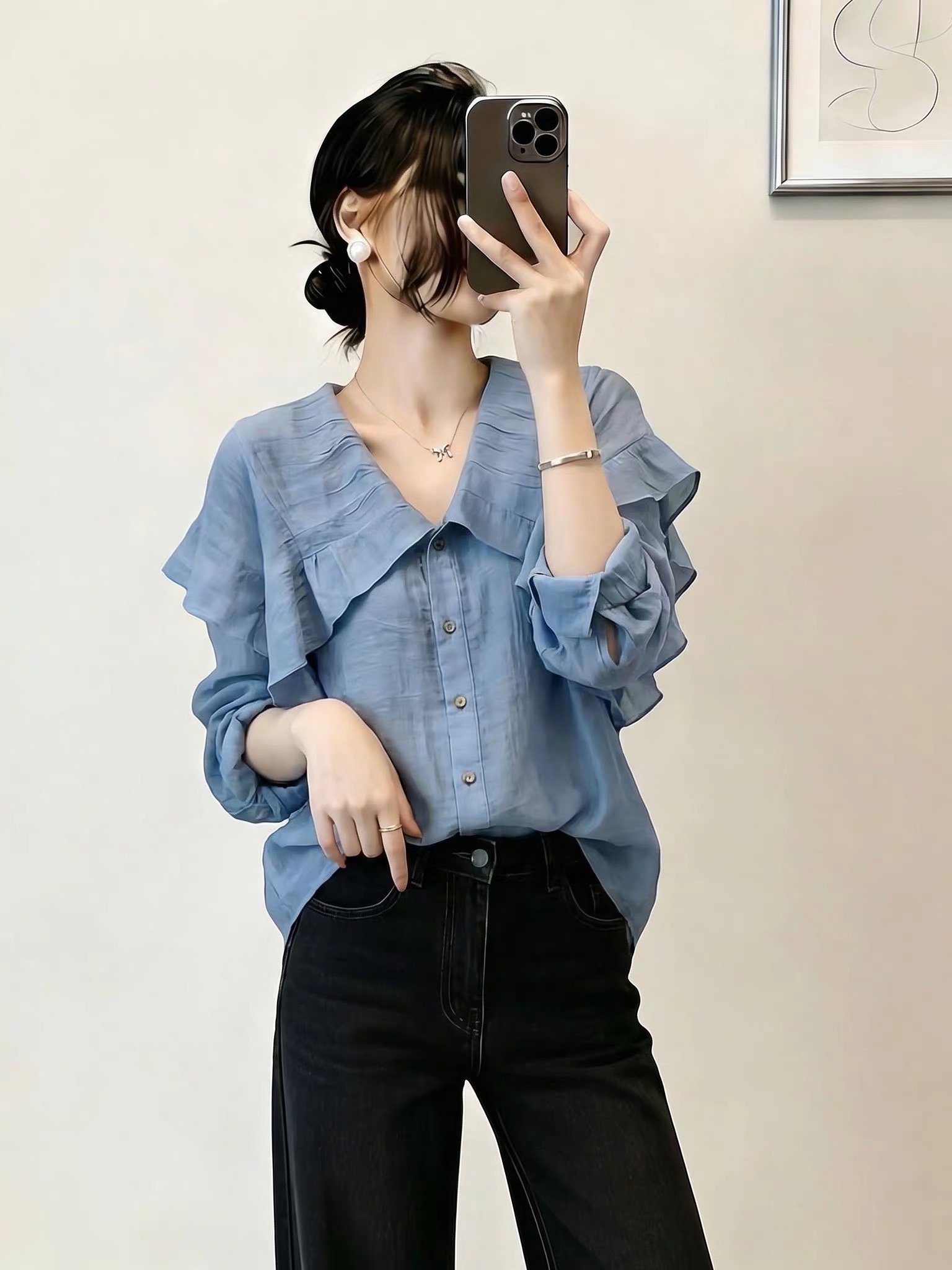 大码蓝色V领正肩长袖衬衫女夏胖mm高级感薄款衬衣气质上衣   服裝批發女裝批發服飾貨源