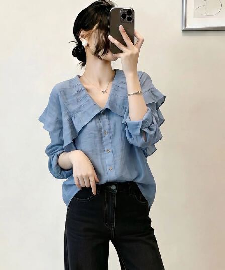 빅 사이즈 파란색 V넥 긍정적 인 어깨 긴팔 여성 셔츠 여름 지방 mm 고급 센스 얇은 스타일 셔츠 품격 맨위