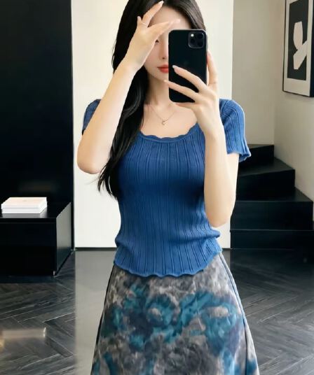 빅 사이즈 파란색 레이스 긍정적 인 어깨 반팔 티셔츠 여성 여름 지방 mm 표지 고기 슬림해 보이는 쇼트 스타일 니트 티셔츠 맨위