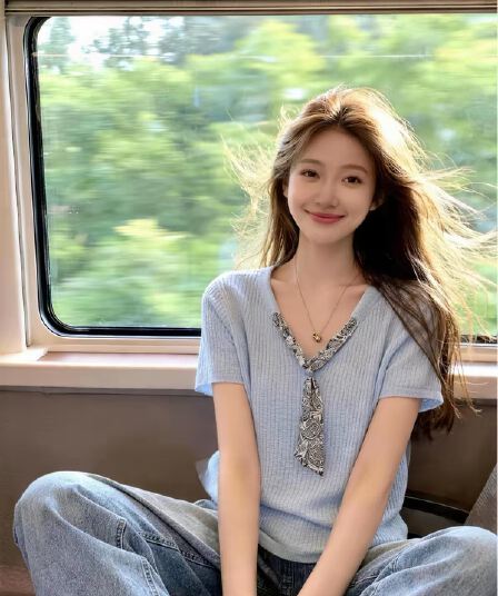 빅 사이즈 파란색 V넥 스카프 레이스업 반팔 티셔츠 여름 지방 mm 표지 고기 슬림해 보이는 몸매 가꾸기 디자인 센스 맨위