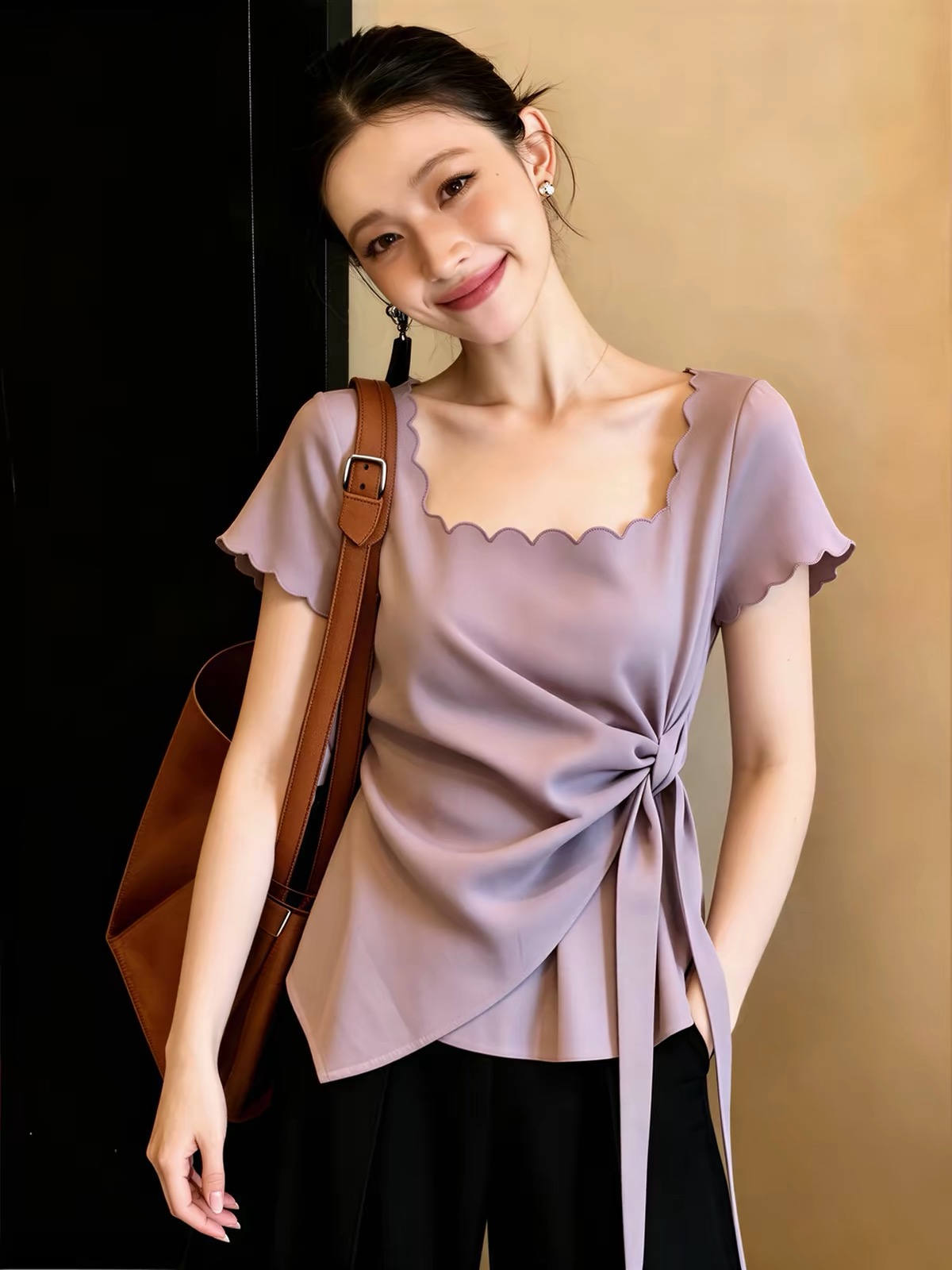大码紫色方领正肩短袖T恤女夏胖mm遮肉设计感不规则上衣   服裝批發女裝批發服飾貨源