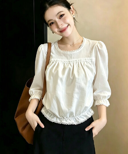 빅 사이즈 지방 mm 소녀 바람 거품 소매 여성 셔츠 여름 디자인 센스 레이스 레이스 Chic 맨위
